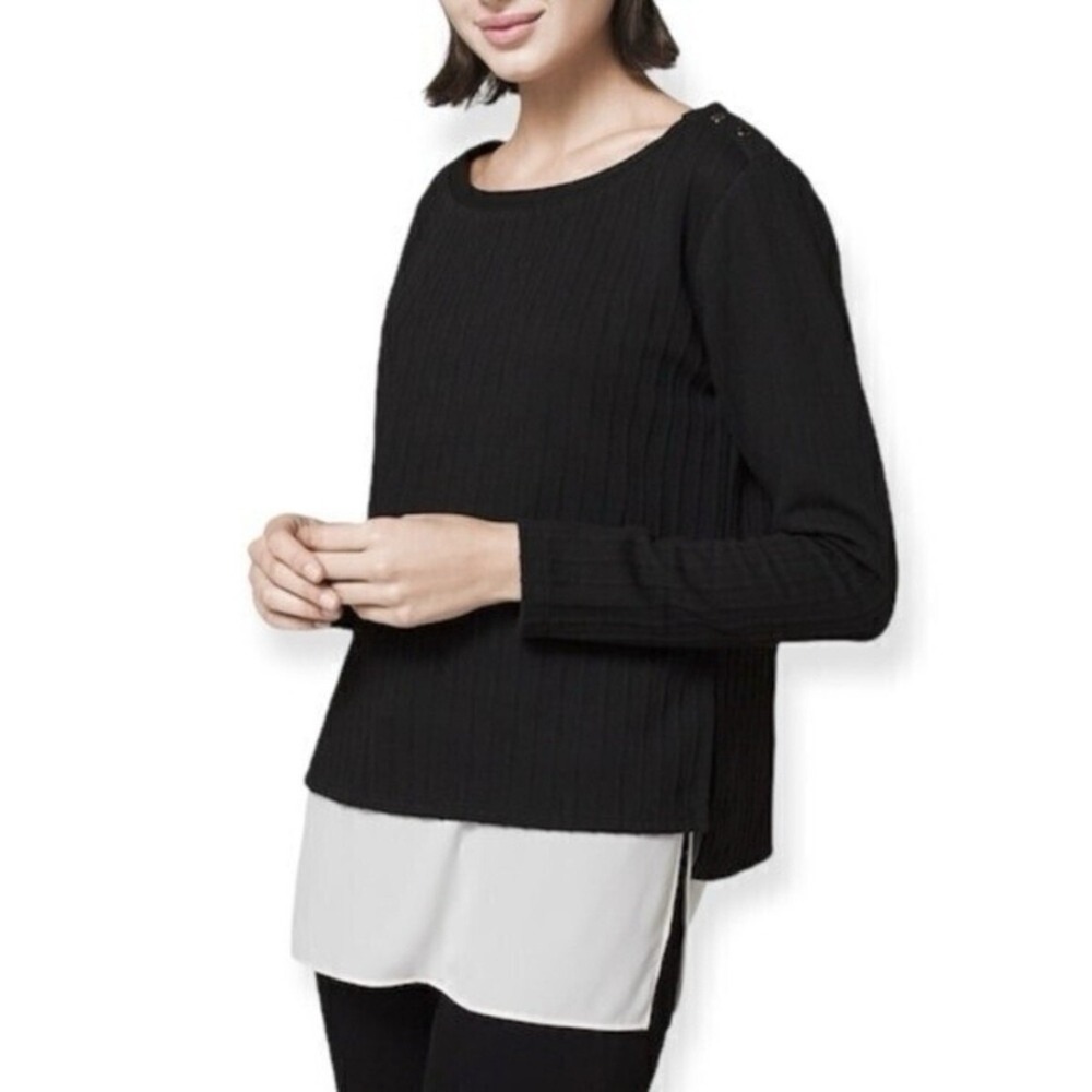 White House Black Market Ribbed‎ Knit Layered Look Black Long Sleeve Top XXS